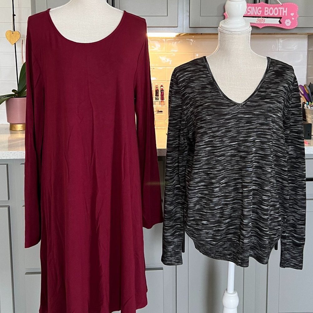 Bundle of Old Navy Burgundy Swing Dress XL and Loft Marled Charcoal Sweater XL